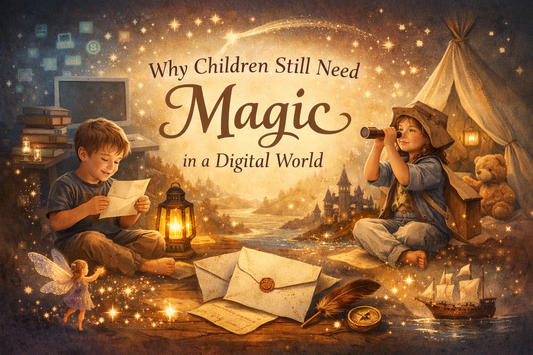Child opening a handwritten letter in a warm, magical setting, representing imagination and childhood wonder in a digital world