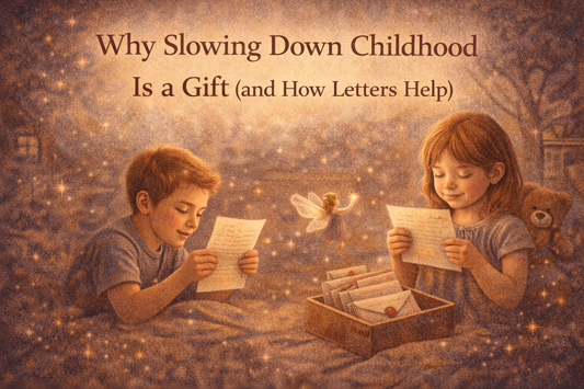 Children reading letters quietly in a calm, storybook setting, representing the value of slowing down childhood