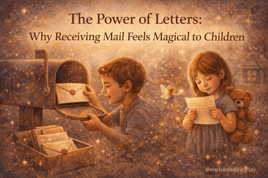 Child opening a mailbox letter and another child reading a handwritten letter, showing the magic and wonder of receiving mail in childhood